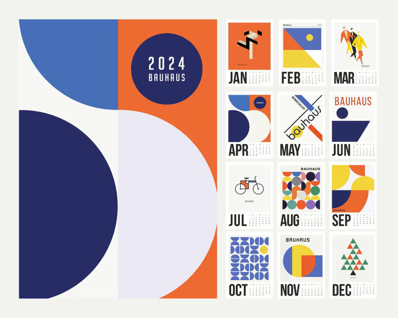 cover and 12 calendar page layout of bauhaus-inspired colorful designs