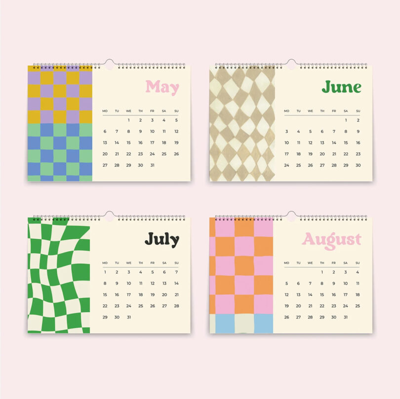 four spiral calendars featuring four months with colorful check patterns on one side