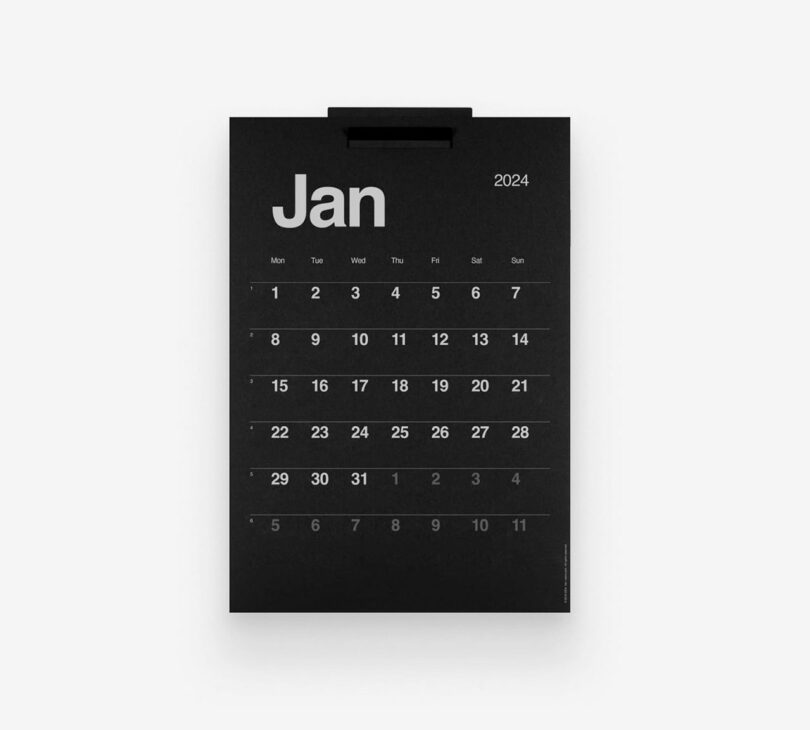 black minimalist wall calendar with white type