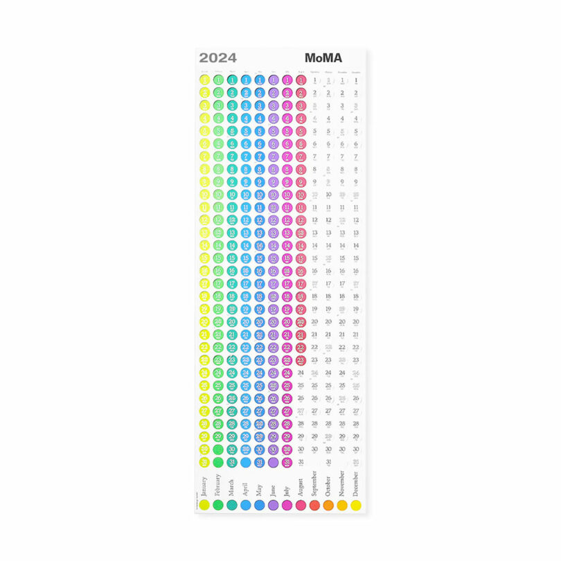 long white wall calendar with bright circular colored numbers for the dates
