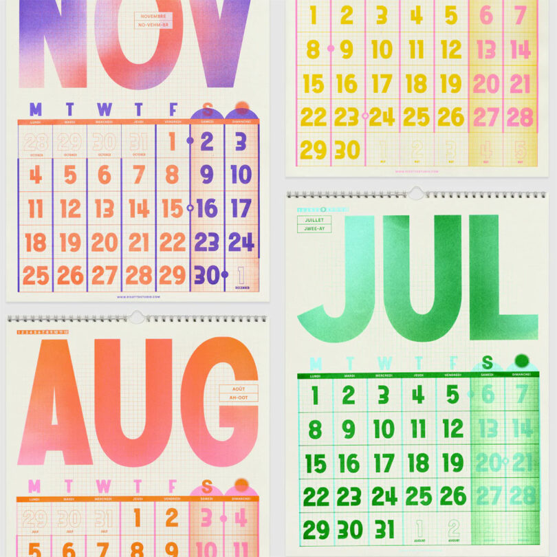 four colorful calendar pages
