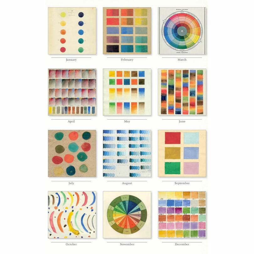 montage of 12 calendar pages featuring colorful layouts of color studies done by John Derian