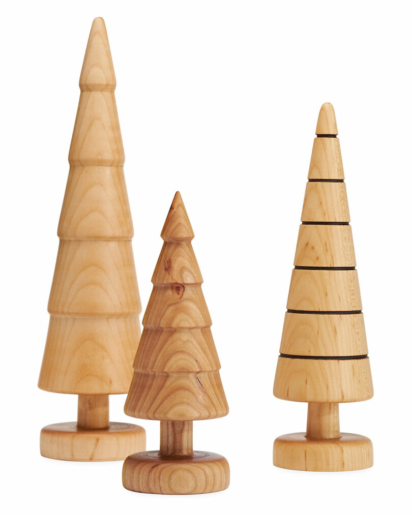 trio of modern wooden tree decorations