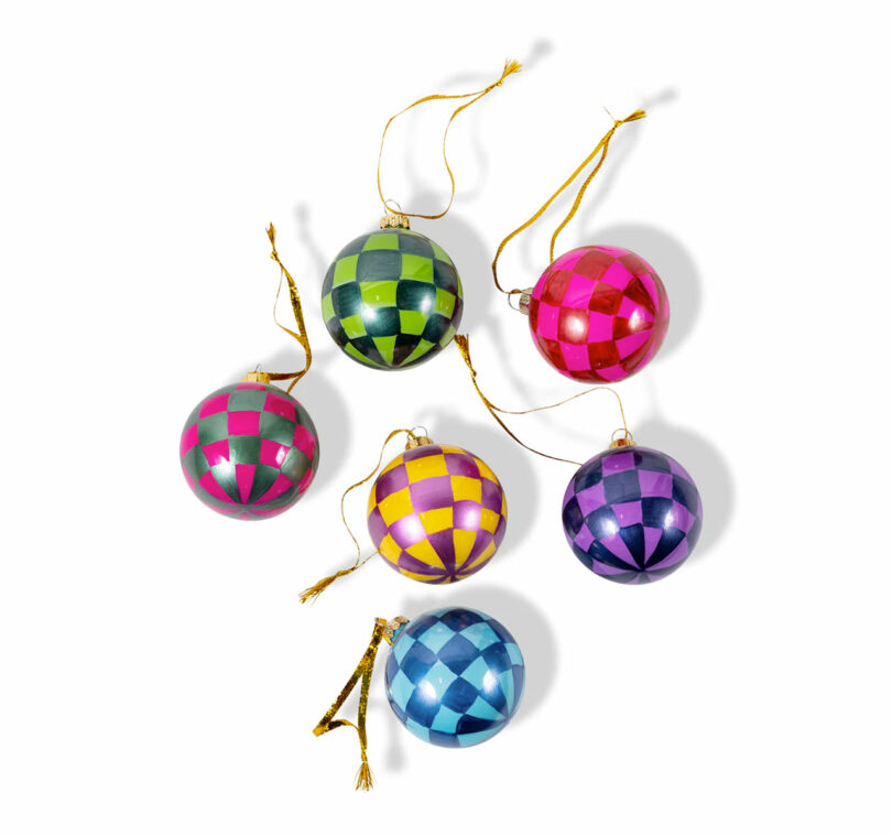 colorful checkered ball ornaments laying flat