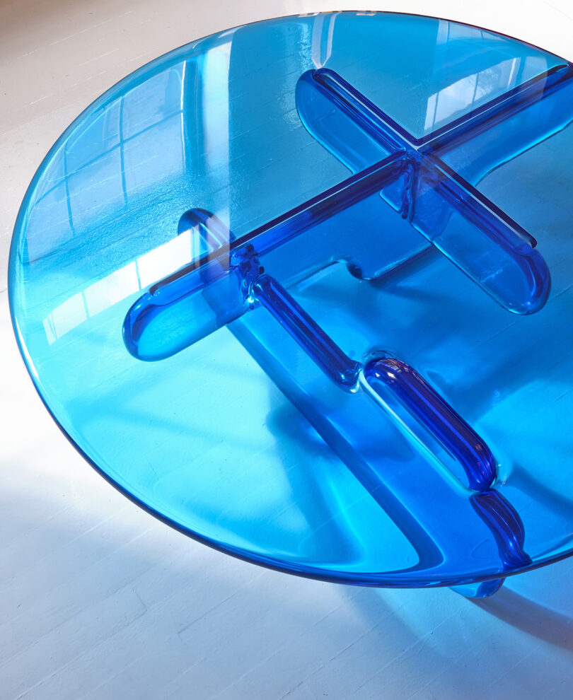detail of blue resin coffee table