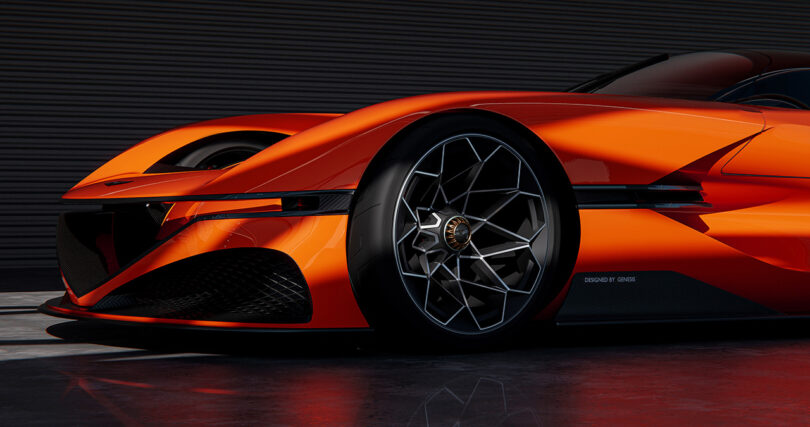 Front wheel of the magma orange paint colored Genesis X Gran Berlinetta Vision Gran Turismo Concept 
