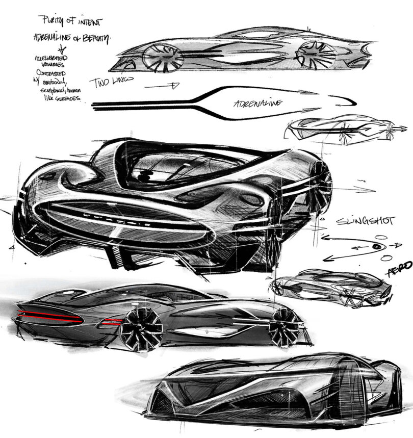 Sketches of the Genesis X Gran Berlinetta Vision Gran Turismo Concept's exterior