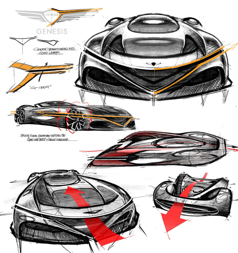 Sketches of the Genesis X Gran Berlinetta Vision Gran Turismo Concept's exterior illustrating air flow from the front of the car toward the rear.