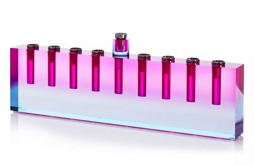 pink and blue prism glass menorah