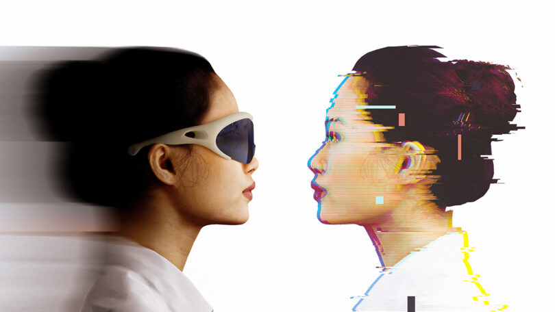Young woman with hair put up in a bun wearing Morrama Issé Mixed Reality Glasses facing her digital counterpart face to face.