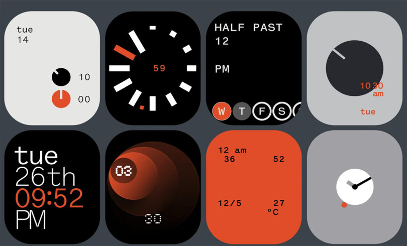 Eight different watch face displays of the Nothing CMS Watch Pro, some purely typographic others mimicking analog displays.