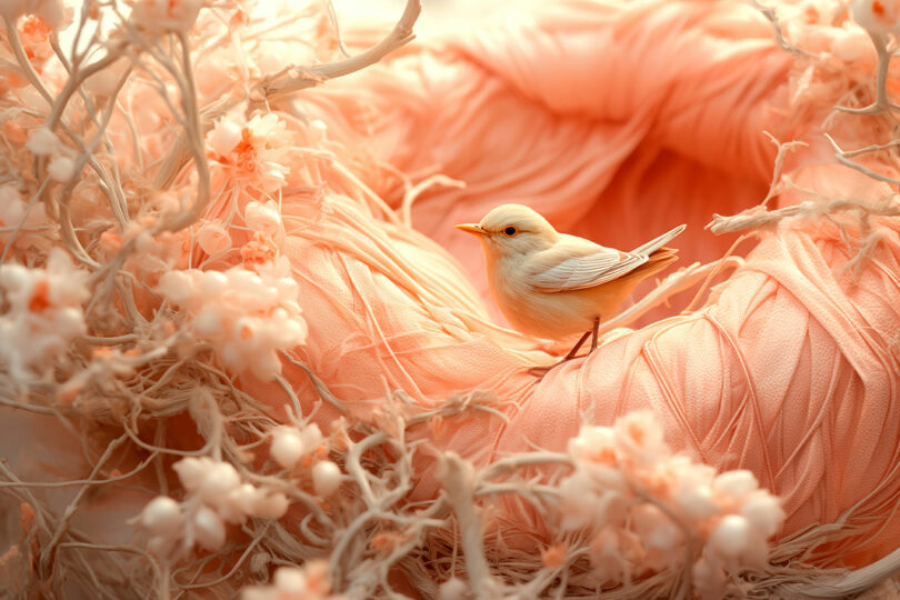 ethereal image of peach colored bird sitting on peach nest