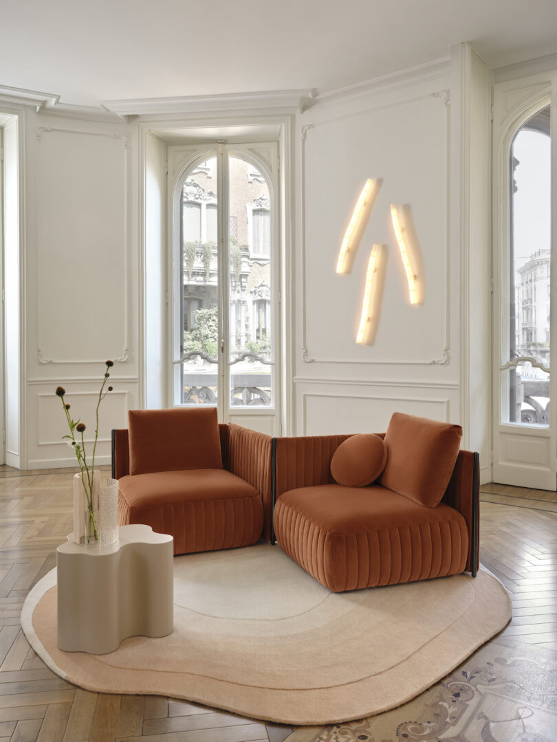 terracotta sofa in elegant white living room