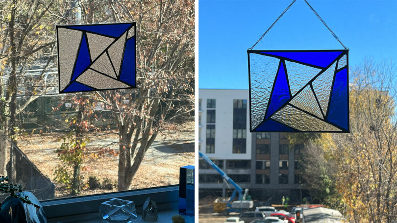side by side images of rectangular panel of stained glass in geometric pattern of cobalt blue and clear textured glasses
