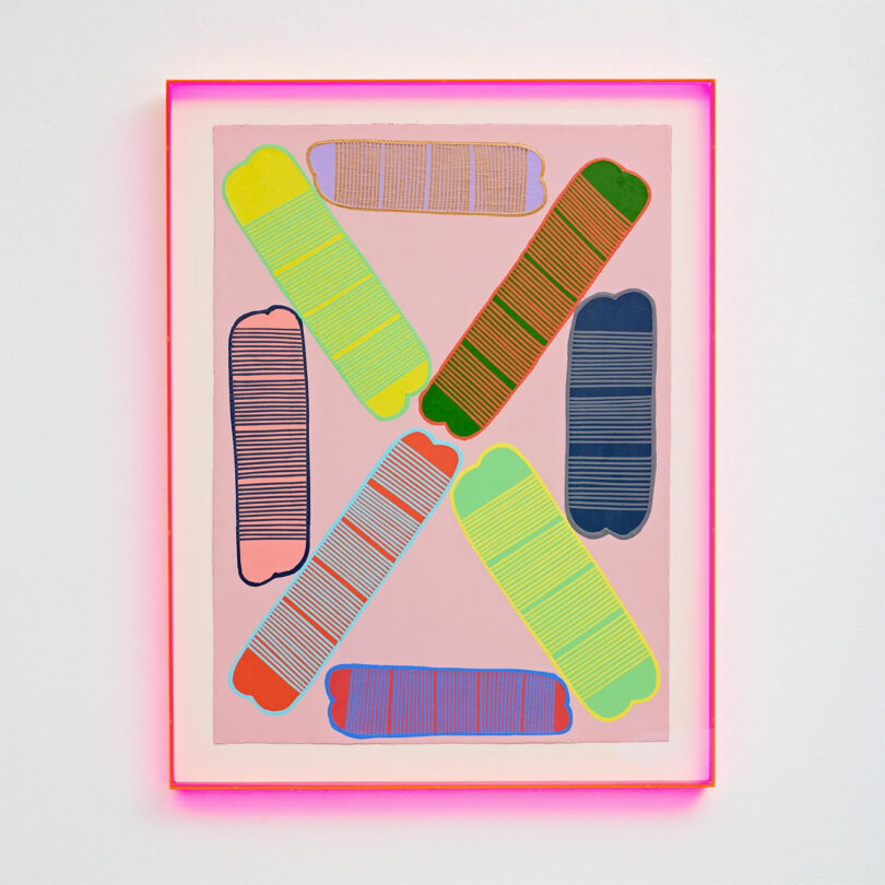 colorful abstract painting with neon colors and a pink plexi frame